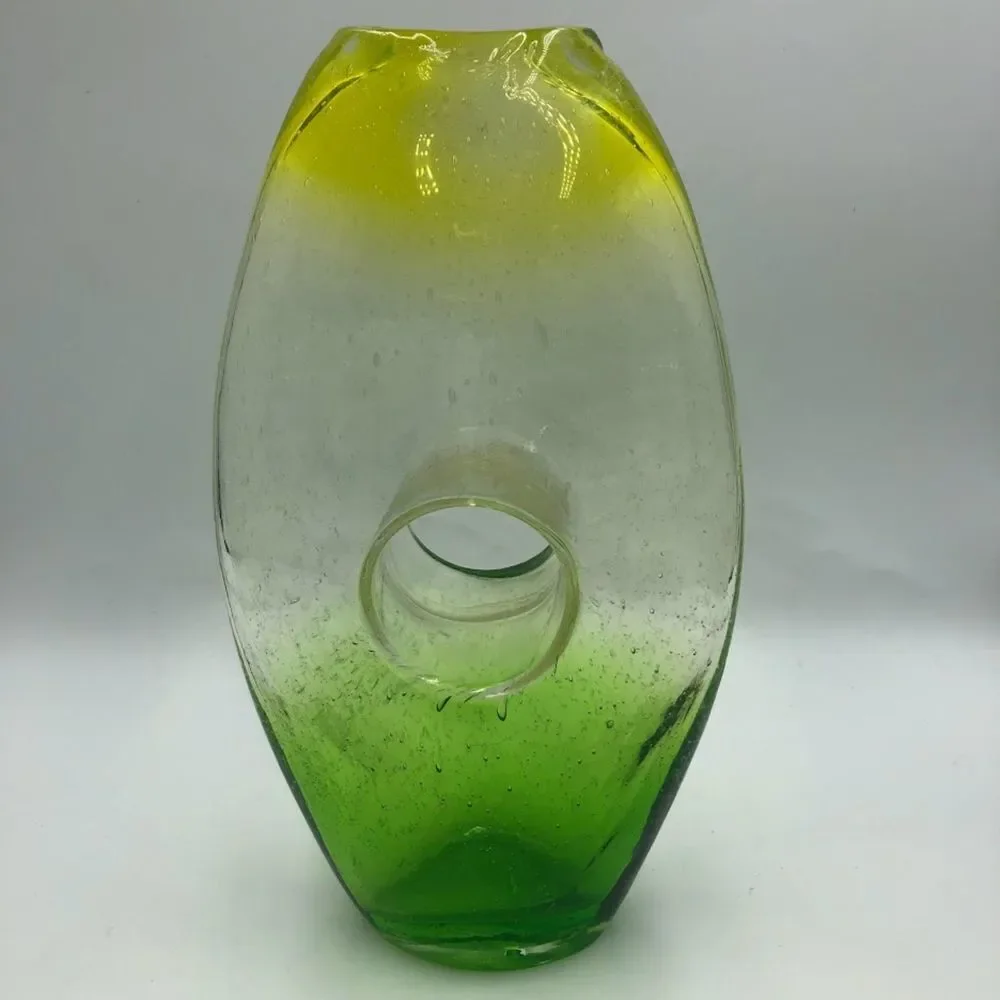 Vintage Ombre Yellow Green Clear Handblown Glass Tabletop Art Vase Décor Indoor